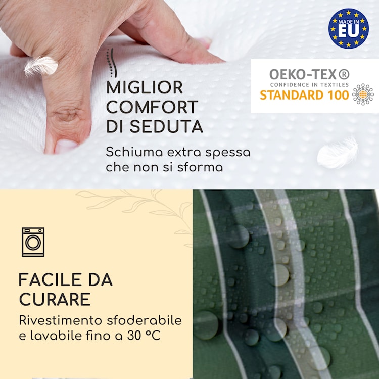 Sylt, Imbottitura, Schienale Alto, Sedia da Giardino, Poggiatesta, Poliestere, 50x120x9cm 4 x cuscino di seduta | Verde / grigio