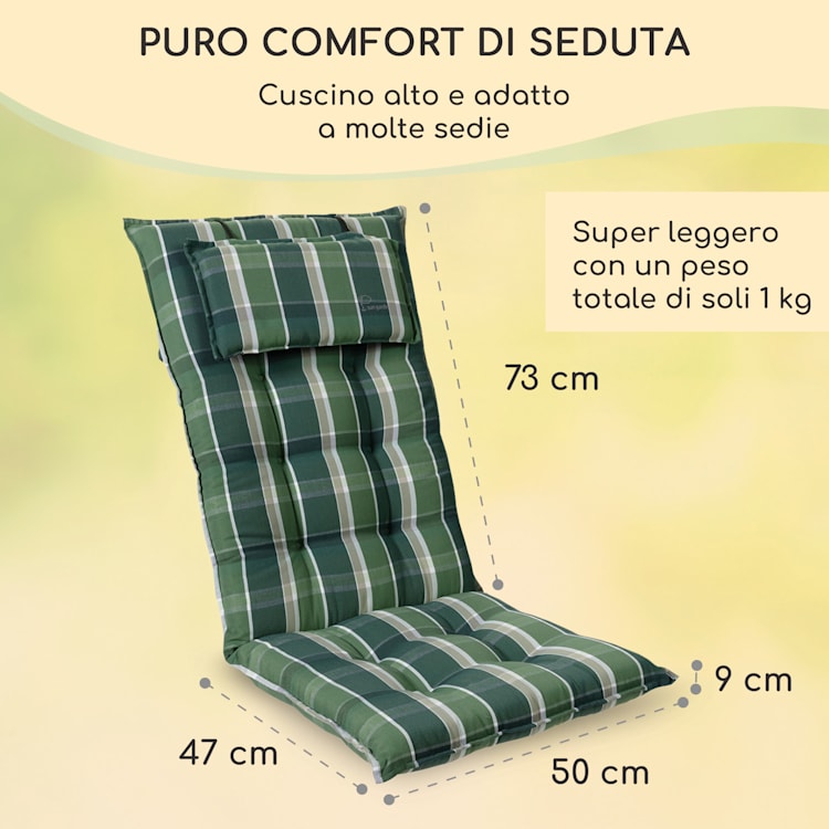 Sylt, Imbottitura, Schienale Alto, Sedia da Giardino, Poggiatesta, Poliestere, 50x120x9cm 4 x cuscino di seduta | Verde / grigio