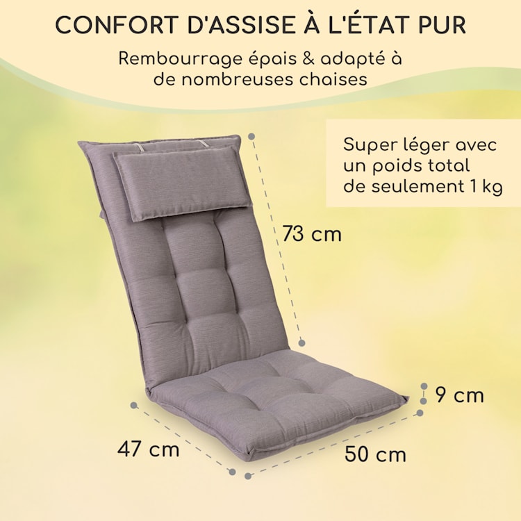 Sylt coussin de fauteuil appuie-tête pour dossier haut Polyester 50x120x9cm 2 x coussin de siege | Gris platine