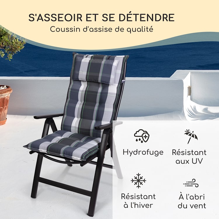 Sylt coussin de fauteuil appuie-tête pour dossier haut Polyester 50x120x9cm 4 x coussin de siege | Carreaux bleus