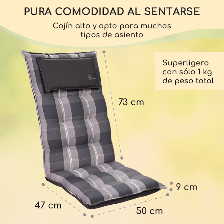 Sylt Cojín acolchado Cojín de exterior para sillas con respaldo alto Almohada Poliéster 50x120x9cm 4 x cojín del asiento | Gris / blanco