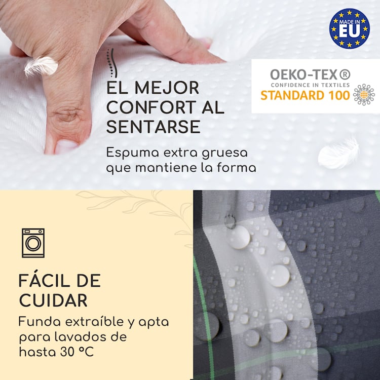 Sylt Cojín acolchado Cojín de exterior para sillas con respaldo alto Almohada Poliéster 50x120x9cm 2 x cojín del asiento | Azul a cuadros