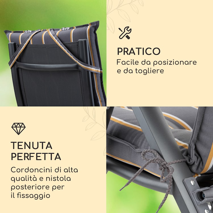 Sylt, Imbottitura, Schienale Alto, Sedia da Giardino, Poggiatesta, Poliestere, 50x120x9cm 2 x cuscino di seduta | grigio / giallo