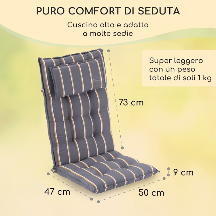 Sylt, Imbottitura, Schienale Alto, Sedia da Giardino, Poggiatesta, Poliestere, 50x120x9cm 2 x cuscino di seduta | grigio / giallo