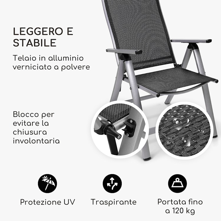 London, Sedia da Giardino, Textilene, Alluminio, 6 Posizioni, Pieghevole 1 x Sedia | Argento