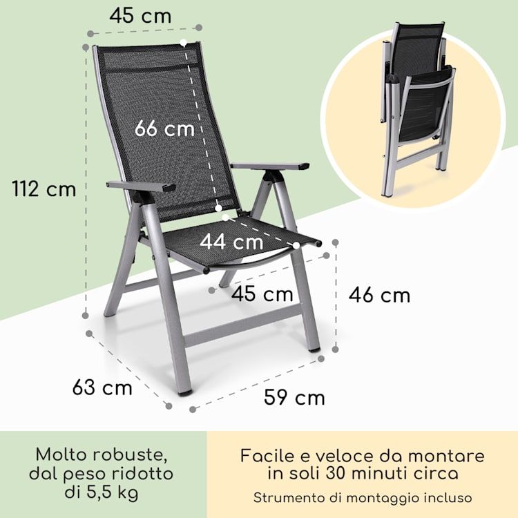 London, Sedia da Giardino, Textilene, Alluminio, 6 Posizioni, Pieghevole 1 x Sedia | Argento