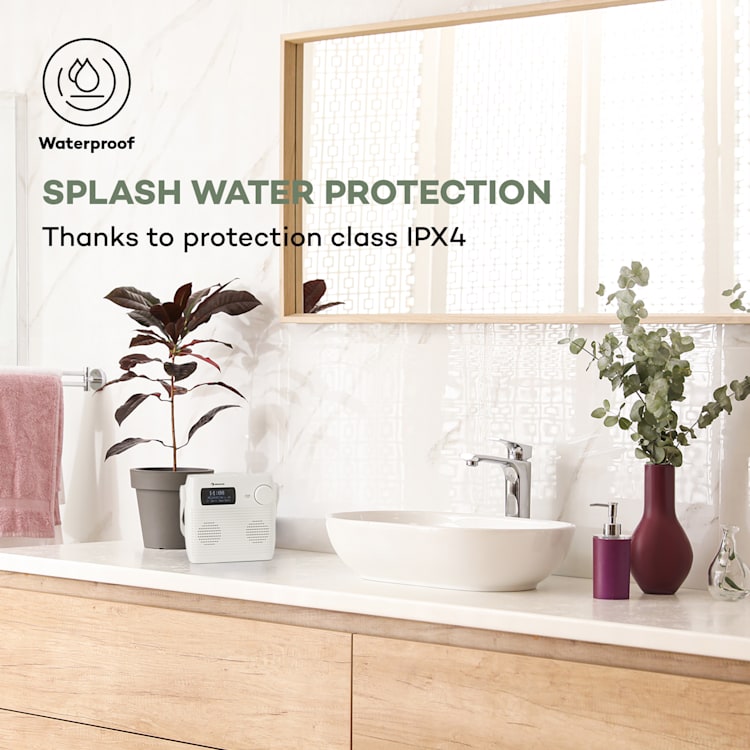 Splash, zuhanyrádió, BT, DAB+/UKW, IPX4, USB-port, fejhallgató-csatlakozó, USB-C, akkumulátor