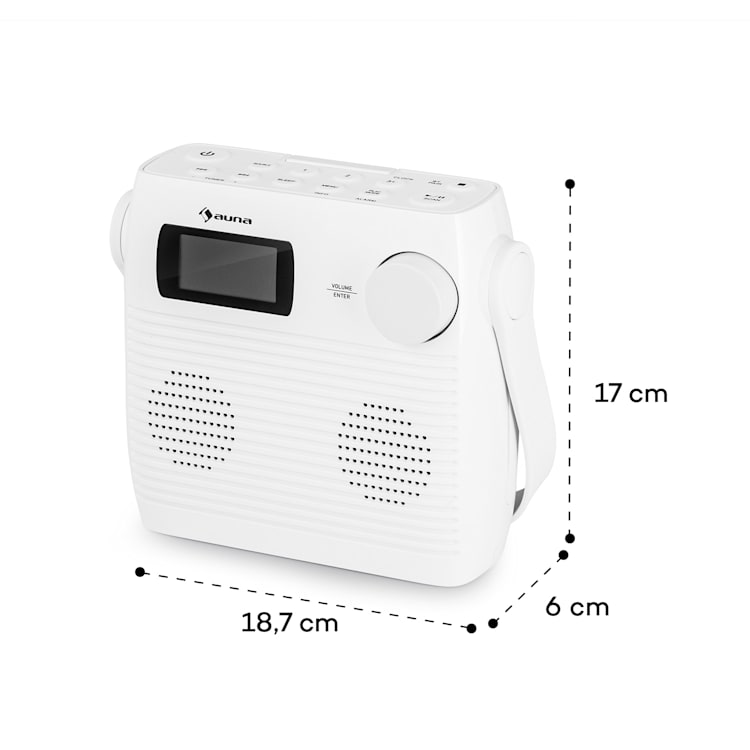 Splash, zuhanyrádió, BT, DAB+/UKW, IPX4, USB-port, fejhallgató-csatlakozó, USB-C, akkumulátor