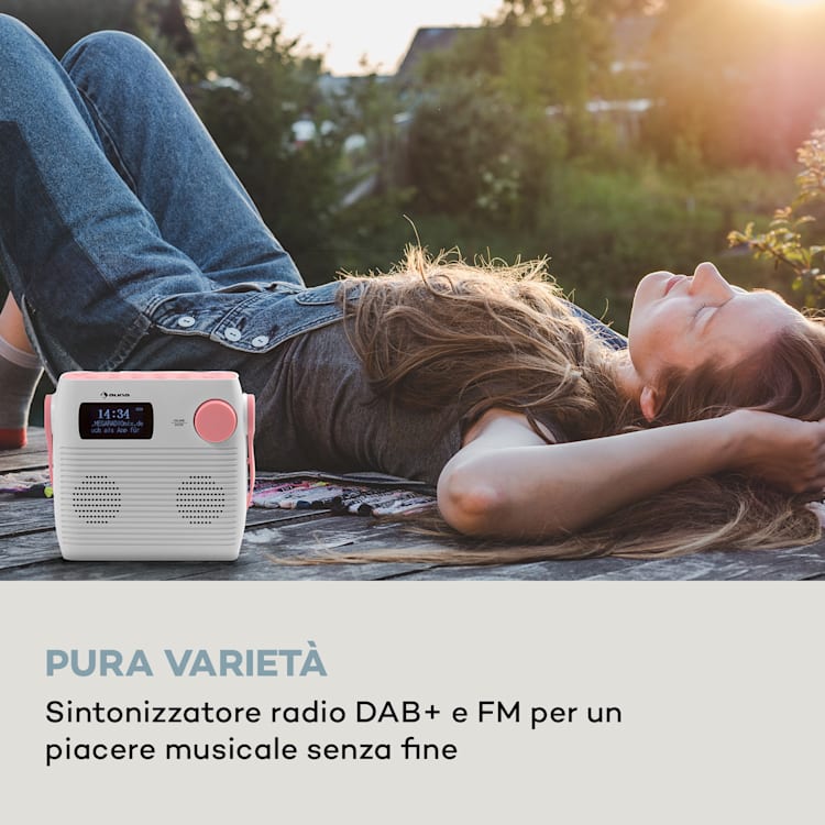 Splash - Radio da doccia, BT, DAB+/FM, IPX4, porta USB, jack per cuffie, batteria, USB-C Rosa confetto