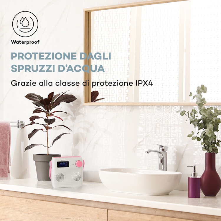 Splash - Radio da doccia, BT, DAB+/FM, IPX4, porta USB, jack per cuffie, batteria, USB-C Rosa confetto
