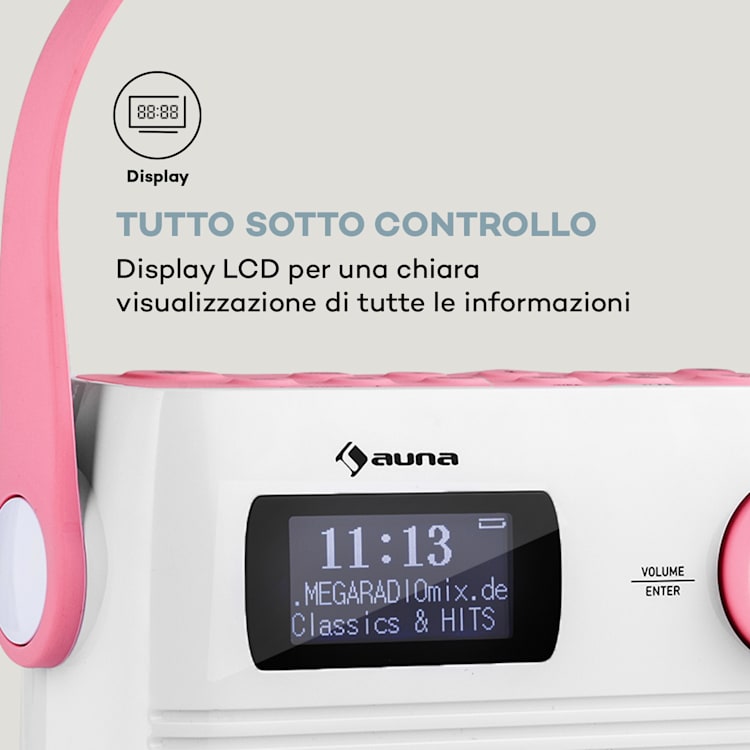 Splash - Radio da doccia, BT, DAB+/FM, IPX4, porta USB, jack per cuffie, batteria, USB-C Rosa confetto
