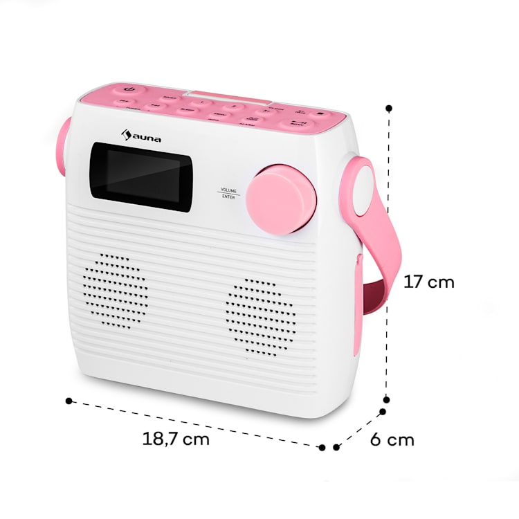 Splash - Radio da doccia, BT, DAB+/FM, IPX4, porta USB, jack per cuffie, batteria, USB-C Rosa confetto