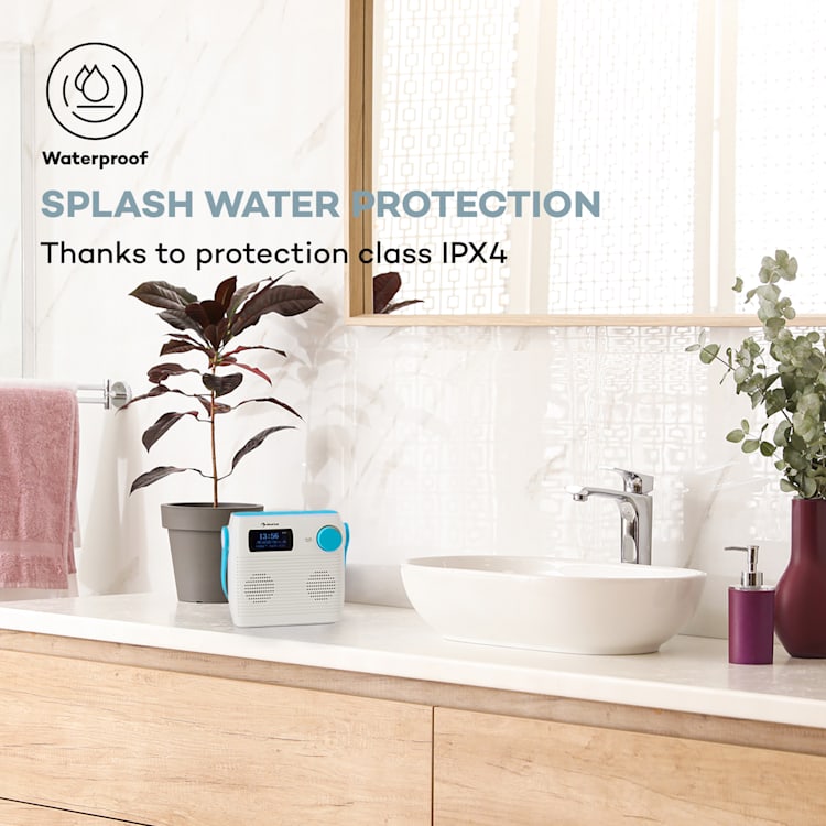 Splash - Radio da doccia, BT, DAB+/FM, IPX4, porta USB, jack per cuffie, batteria, USB-C