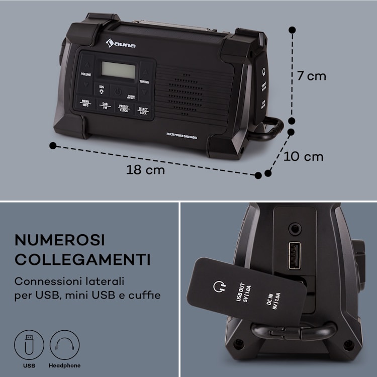 Patagonia DAB+ - Radio outdoor, DAB/DAB+/FM, carica a manovella, USB, allarme SOS, impermeabile Nero