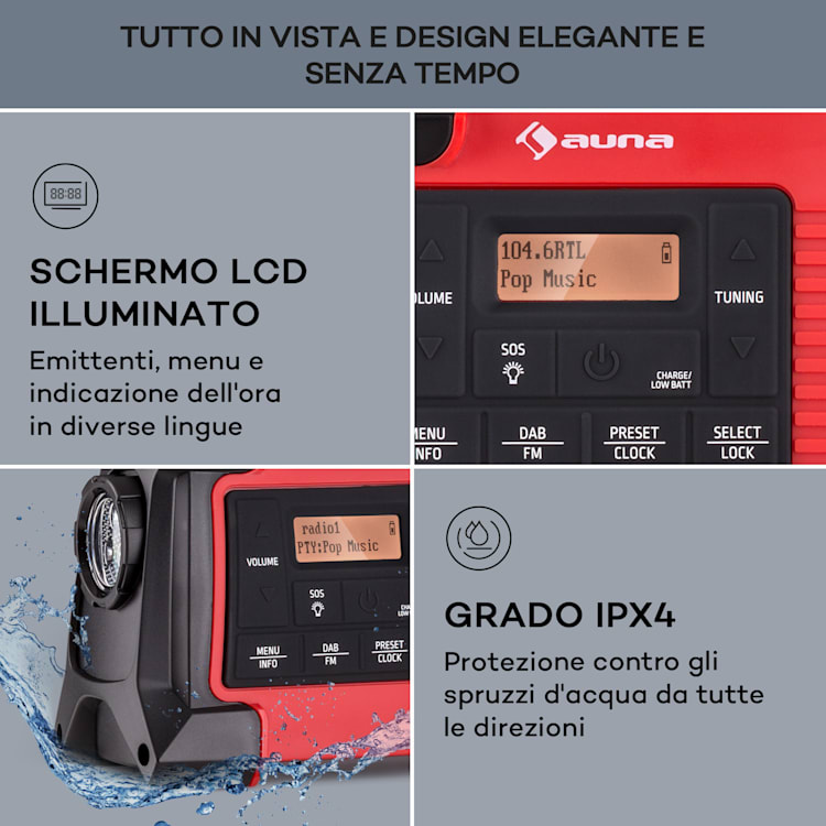 Patagonia DAB+ - Radio outdoor, DAB/DAB+/FM, carica a manovella, USB, allarme SOS, impermeabile Rosso