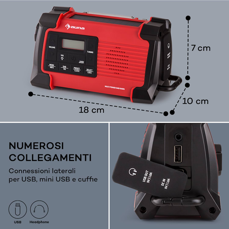 Patagonia DAB+ - Radio outdoor, DAB/DAB+/FM, carica a manovella, USB, allarme SOS, impermeabile Rosso