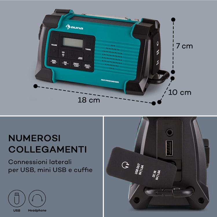 Patagonia DAB+ - Radio outdoor, DAB/DAB+/FM, carica a manovella, USB, allarme SOS, impermeabile Verde