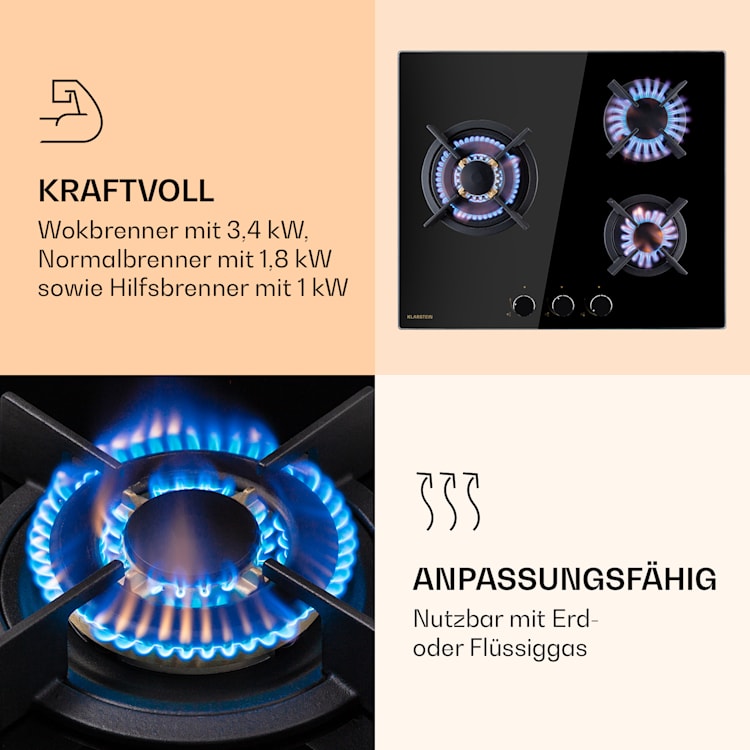 Goldflame 3 Gaskochfeld 3-flammig Messing-Brenner Glaskeramik Schwarz