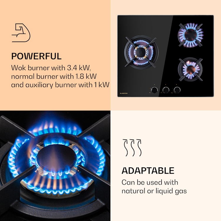 Goldflame 3, plynová varná doska, 3 Messing horáky, sklokeramika Čierna