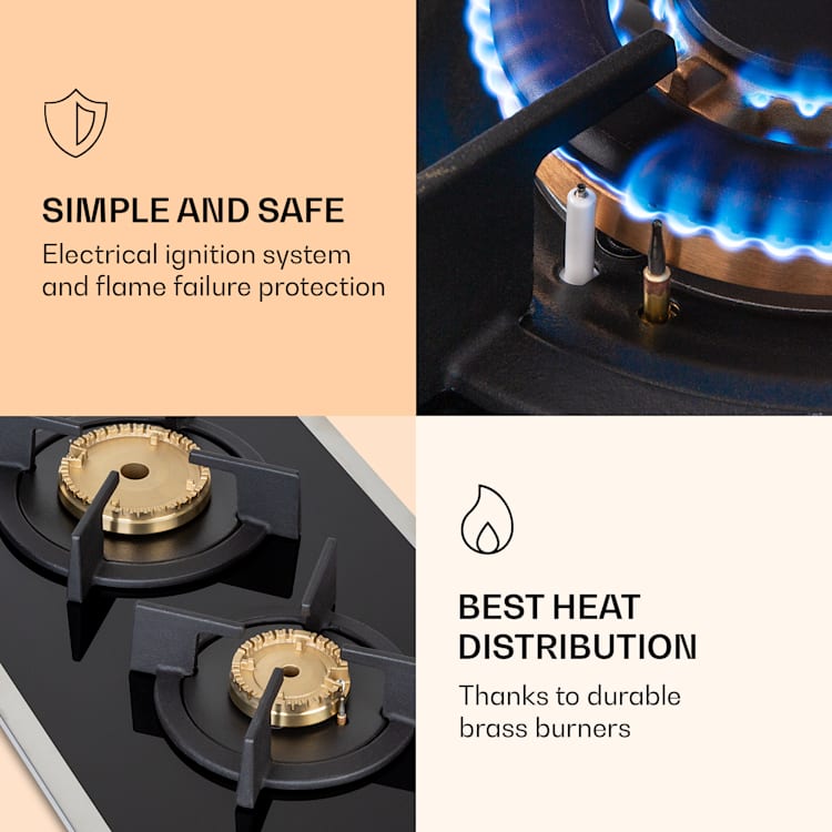 Goldflame 2, plită pe gaz, 2 arzătoare, arzătoare Messing, sticlă ceramică Negru