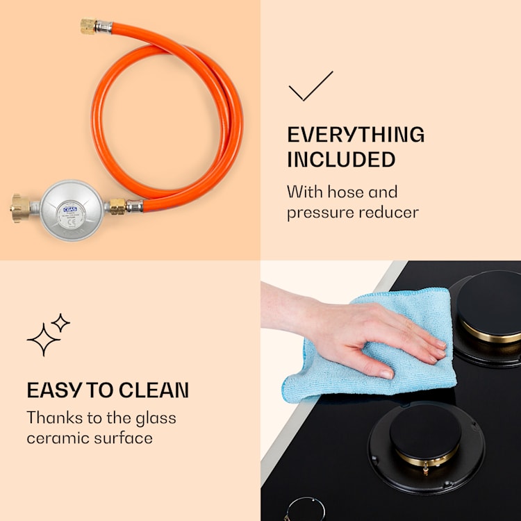 Goldflame 2, plită pe gaz, 2 arzătoare, arzătoare Messing, sticlă ceramică Negru
