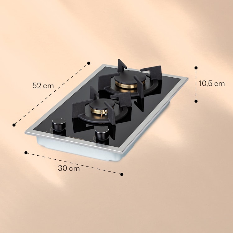 Goldflame 2, plită pe gaz, 2 arzătoare, arzătoare Messing, sticlă ceramică Negru