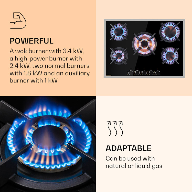 Goldflame 5 Prime, plynová varná doska, 5 horákov, horáky Messing, sklokeramika Čierna