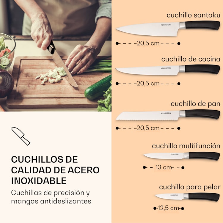 Kiru 6pcs. Juego de cuchillos 5 cuchillos hojas de acero bloque de madera de acacia noble magnético