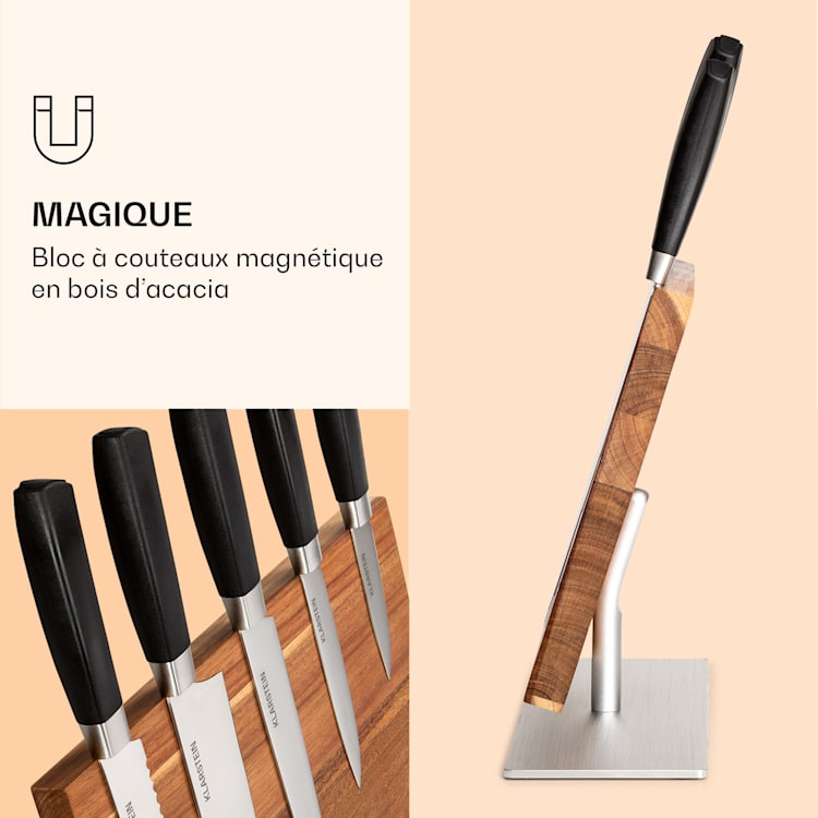 Kiru 6pcs. Ensemble de couteaux 5 couteaux Lames acier Bloc noble en bois d'acacia magnétique