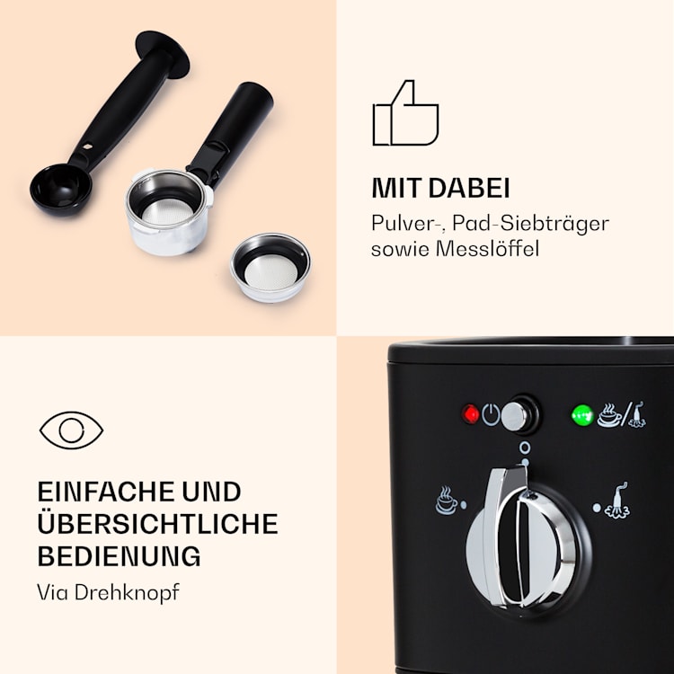 Passionata 20 Espressomaschine 20 bar 6 Tassen 1,25 Liter Milchschaum 20 bar | Schwarz