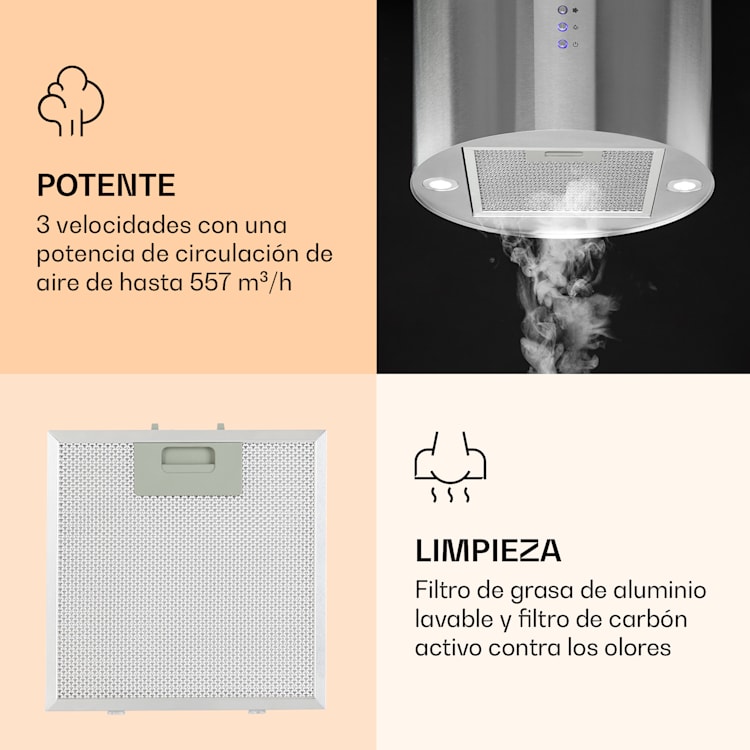 Campana de cocina Barella 35 x 93 cm (Ø x H) recirculación 557 m³/h LED filtro de carbón activado Plata