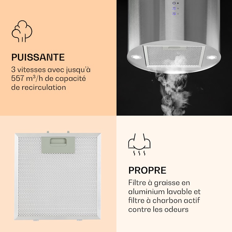 Barella Hotte aspirante 35 x 93 cm (Ø x h) Recyclage de l'air 557 m³/h LED Filtre à charbon actif Argent