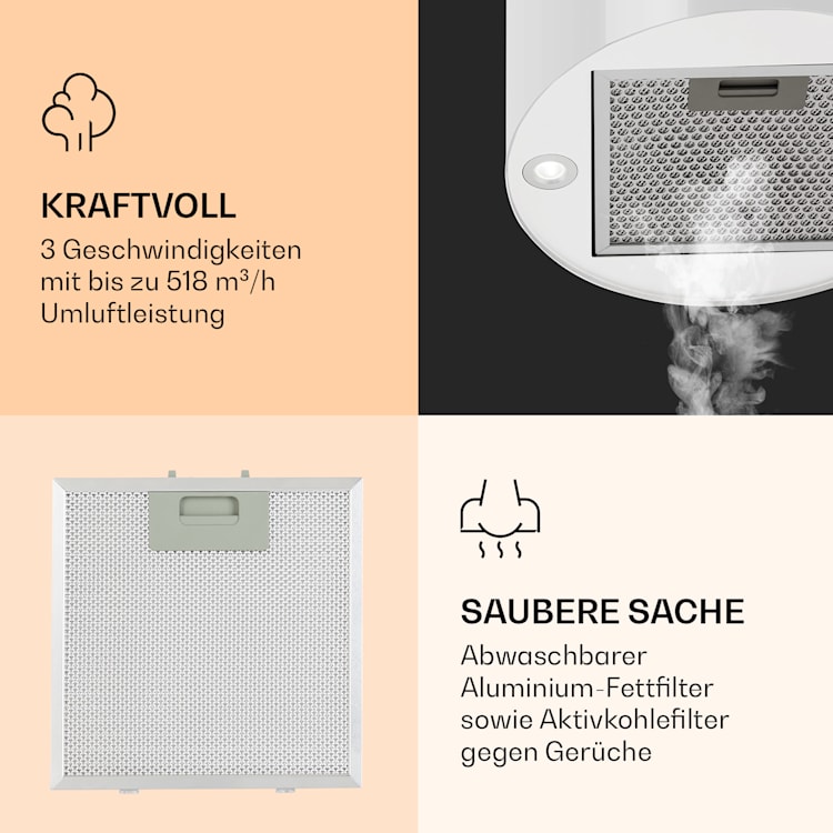 Barella Dunstabzugshaube 35,5 x 93,5 x 43 cm Umluft 557 m³/h LED Aktivkohlefilter Weiß