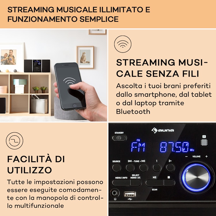MC-40 DAB impianto stereo, FM/DAB+, Bluetooth, CD, cassette, USB, telecomando Nero