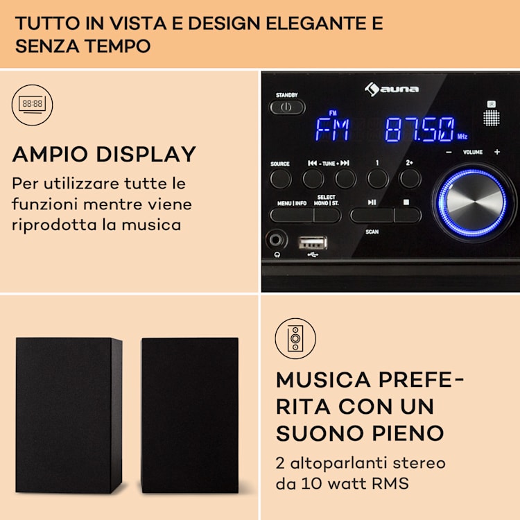 MC-40 DAB impianto stereo, FM/DAB+, Bluetooth, CD, cassette, USB, telecomando Nero