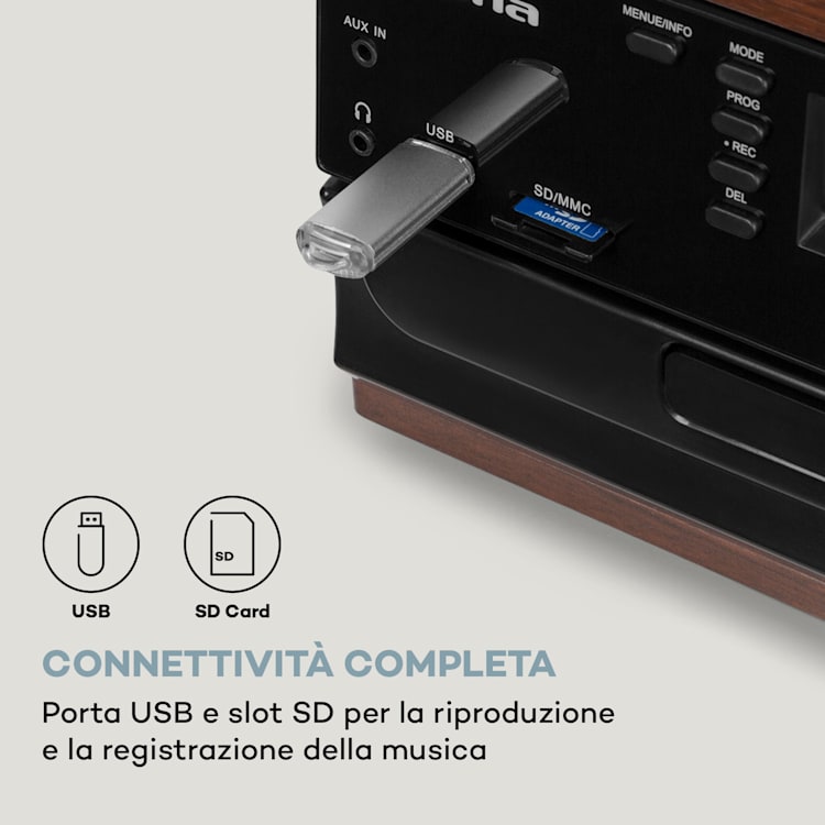 Impianto stero vintage Oakland DAB Plus DAB+/FM BT Funzione Vinile CD Cassetta, inclusi altoparlanti Noce