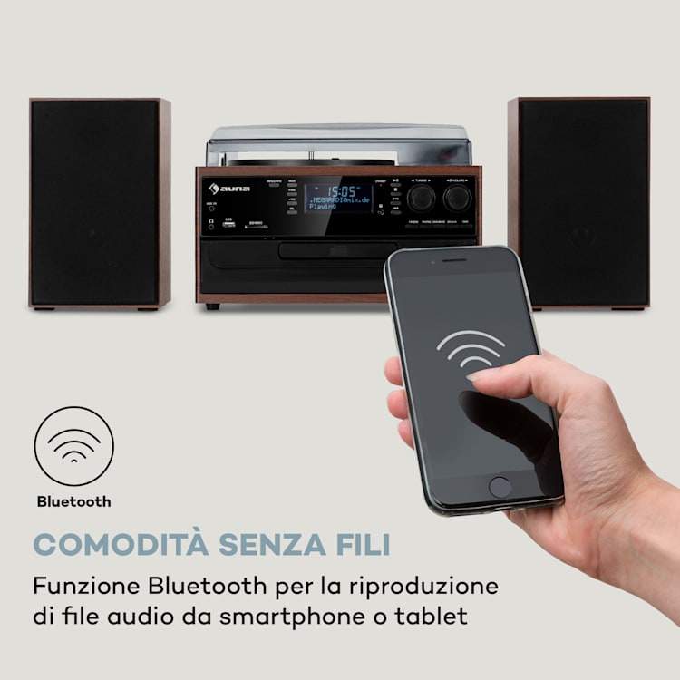Impianto stero vintage Oakland DAB Plus DAB+/FM BT Funzione Vinile CD Cassetta, inclusi altoparlanti Noce
