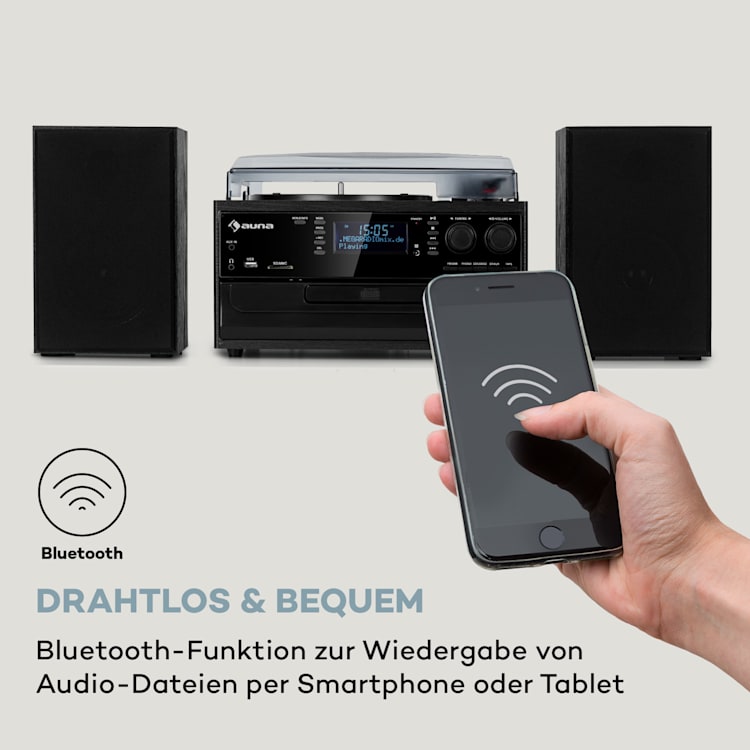 Oakland DAB Plus Retro-Stereoanlage DAB+/FM BT-Funktion Vinyl CD Kassette inkl. Lautsprechern Schwarz