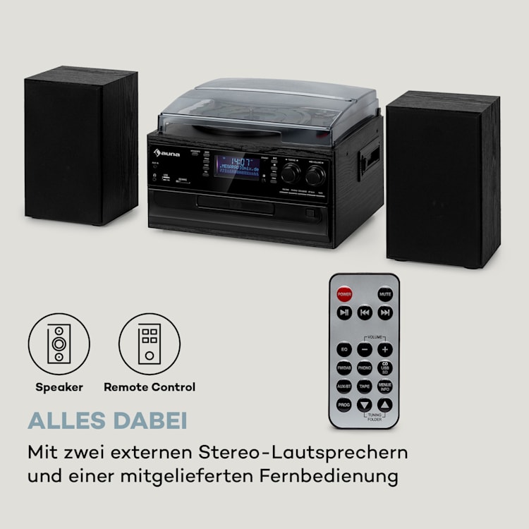 Oakland DAB Plus Retro-Stereoanlage DAB+/FM BT-Funktion Vinyl CD Kassette inkl. Lautsprechern Schwarz