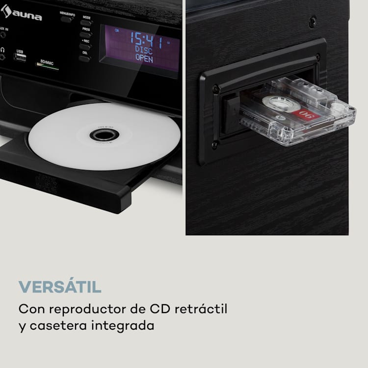 Equipo estéreo Oakland DAB Retro DAB+/FM Función BT Vinilo CD Cassette Negro