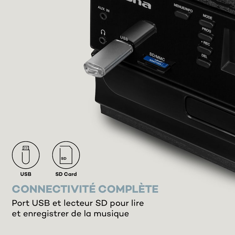 Oakland DAB Plus Chaîne stéréo rétro DAB+/FM Fonction BT Vinyle CD Cassette haut-parleurs Noir