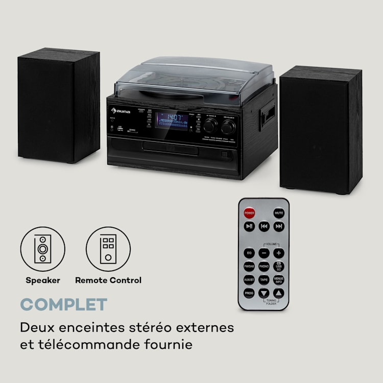 Oakland DAB Plus Chaîne stéréo rétro DAB+/FM Fonction BT Vinyle CD Cassette haut-parleurs Noir