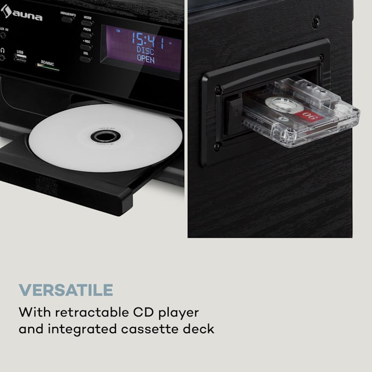 Oakland DAB Plus, retro stereo sustav, DAB +/- FM, BT funkcija, vinil, CD player, kasetofon. uključujući zvučnike Crna