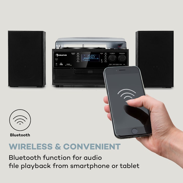 Oakland DAB Plus, retro stereo sustav, DAB +/- FM, BT funkcija, vinil, CD player, kasetofon. uključujući zvučnike Crna