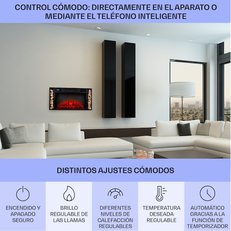 Villarica Chimenea eléctrica 1900 W Tecnología led Montaje en pared Mando a distancia