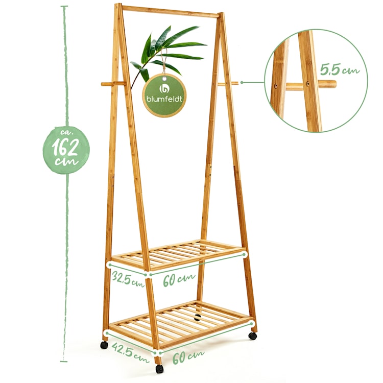 Garderobe kledingstandaard 4 wieltjes 2 schappen 60x162x42,5 cm 100% bamboe