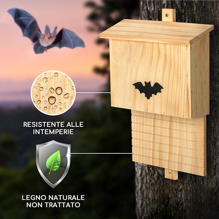 Casetta per pipistrelli, rifugio per nidificare, svernare, tutto l'anno Legno di pino