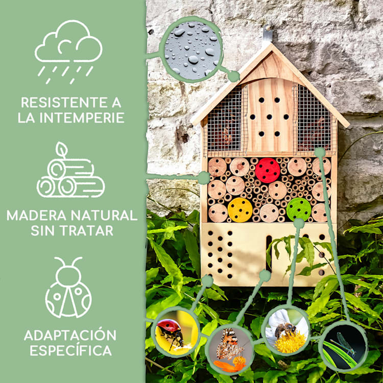 Hotel de insectos con manchas de color todo el año madera de pino habitable