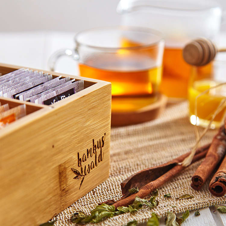 Caja para té 6 compartimentos 90 bolsitas de té Ventanilla de plástico Bambú 6 compartimentos
