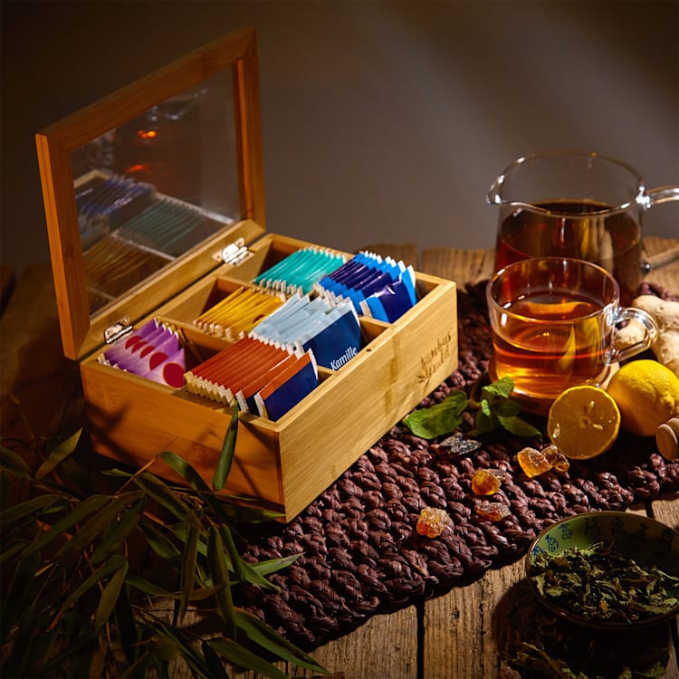 Caja para té 6 compartimentos 90 bolsitas de té Ventanilla de plástico Bambú 6 compartimentos